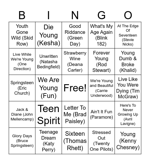 Youth Anthems Bingo Card