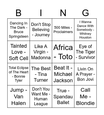 80s music Bingo Card