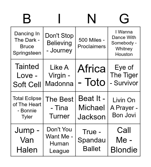 80s music Bingo Card