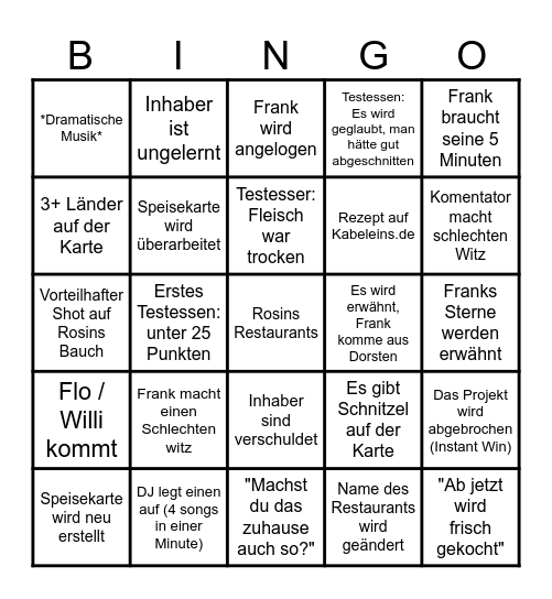 Frank Rosins Restaurants Staffel 1 Bingo Card