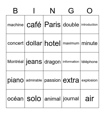 Mots français Bingo Card