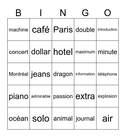 Mots français Bingo Card