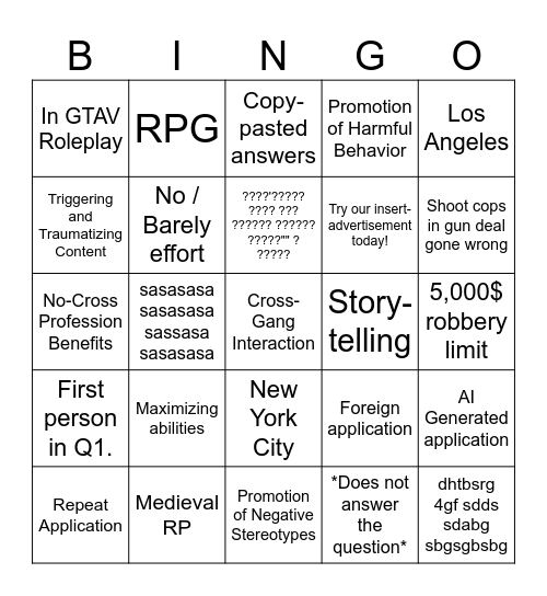 Applications Bingo Card