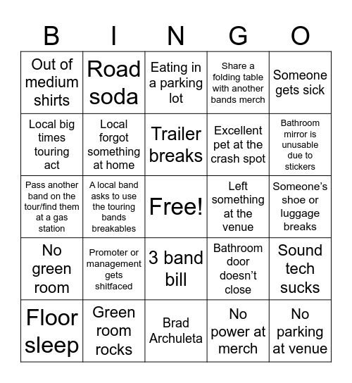 DIY Tour BINGO Card