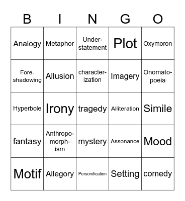 Literary Devices and Genres Bingo Card