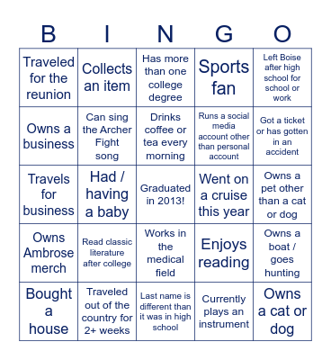 Class of 2013 Reunion Bingo Card