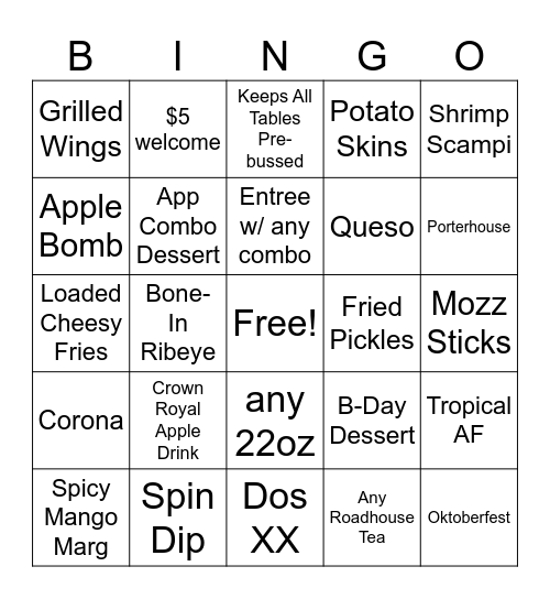 Saturday Night Bingo Card