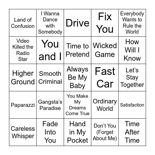 Cover Music Bingo Card