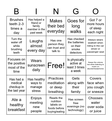 Health Behaviors Bingo Card