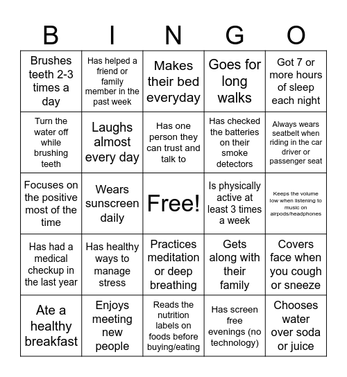 Health Behaviors Bingo Card