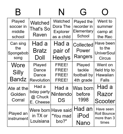 Throwback Bingo Card