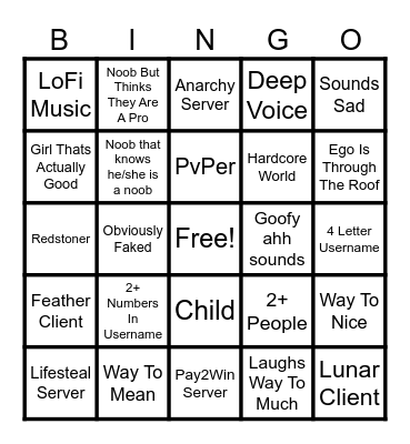 Minecraft Twitch Bingo Card