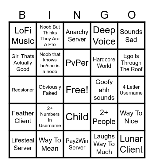 Minecraft Twitch Bingo Card