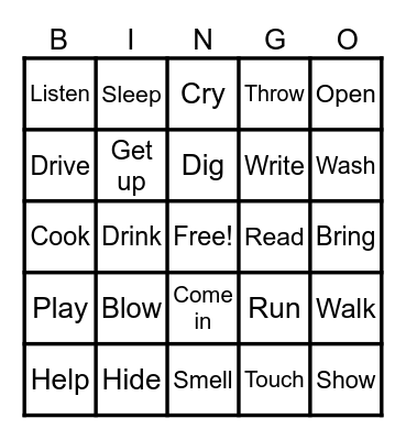Action Word Bingo Card