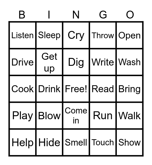 Action Word Bingo Card