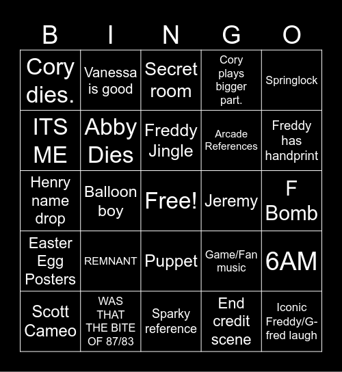 FNAF MOVIE Bingo Card
