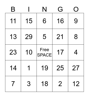 Numbers Bingo Card