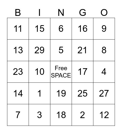 Numbers Bingo Card