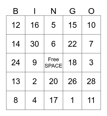 Numbers Bingo Card