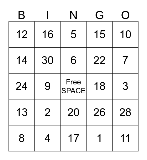 Numbers Bingo Card