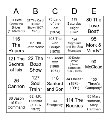 70's TV SHOWS 2023 Bingo Card