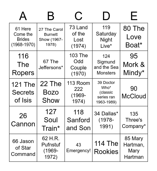 70's TV SHOWS 2023 Bingo Card