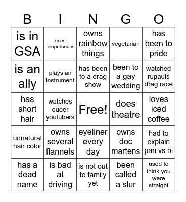 GSA queer bingo!! Bingo Card