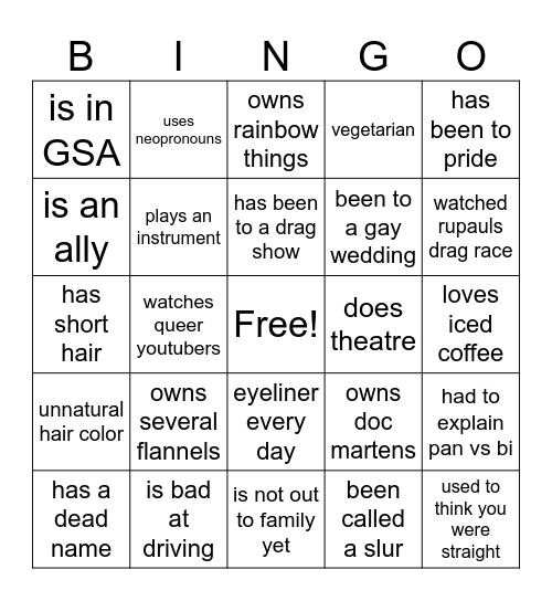 GSA queer bingo!! Bingo Card