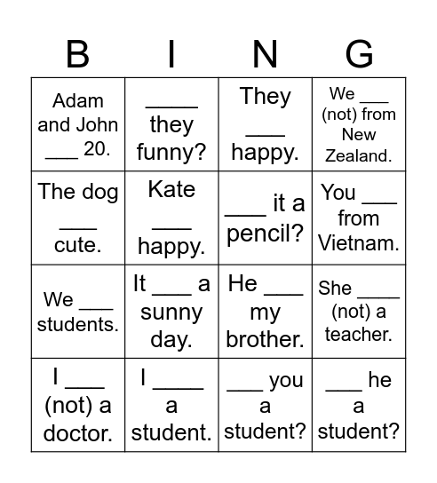 am is are Bingo Card