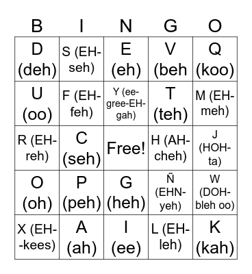Spanish Alphabet (Mexico) Bingo Card