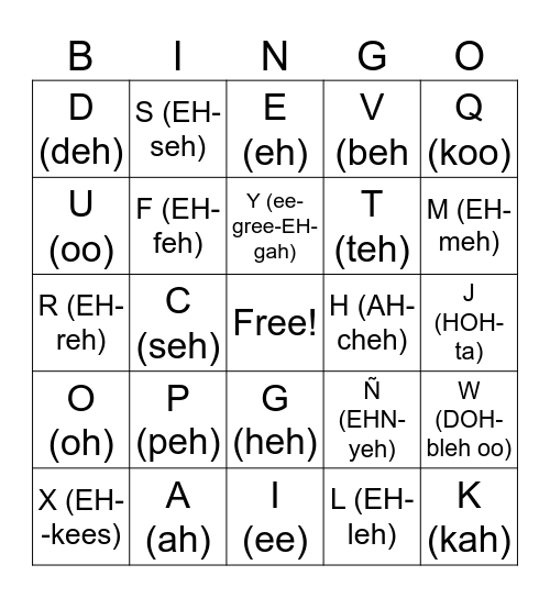 Spanish Alphabet (Mexico) Bingo Card