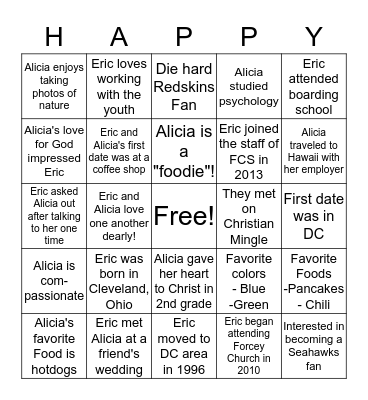 Eric and Alicia Brown - "To Have and To Hold" Bingo Card