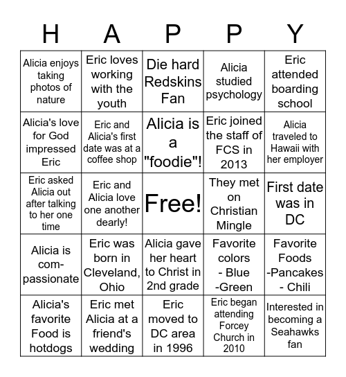 Eric and Alicia Brown - "To Have and To Hold" Bingo Card