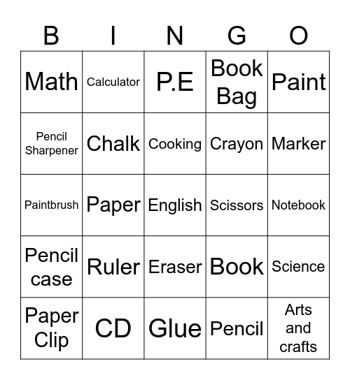 School Bingo Card