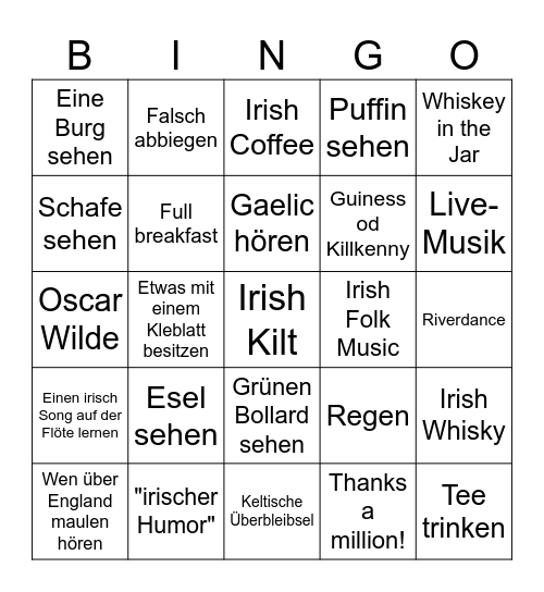 Irland 2023 Bingo Card