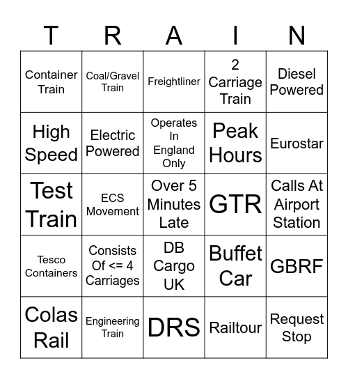 Trainspotting Bingo Card