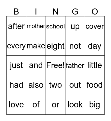 Kindergarten Sight Words (p.7 and extra) Bingo Card