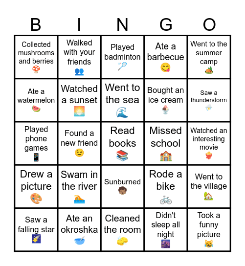 Summer holidays Bingo Card