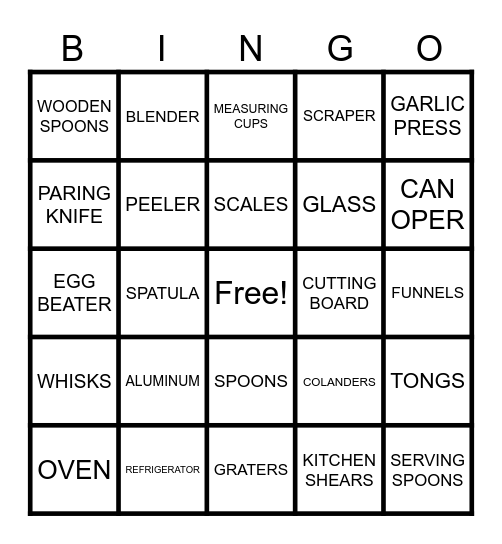 Kitchen Tools Bingo Card