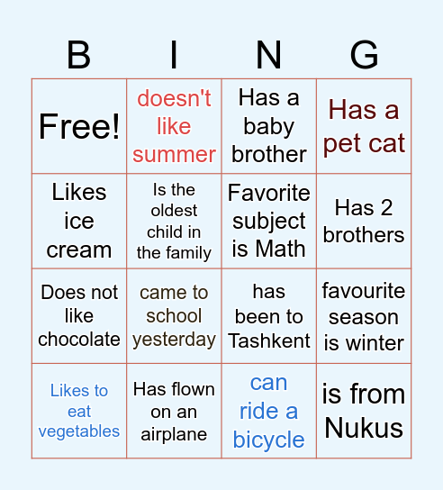 Classmate Bingo Card