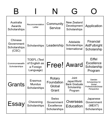 Road to Scholarship Bingo Card