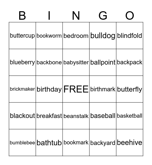 Compound Words Bingo Card