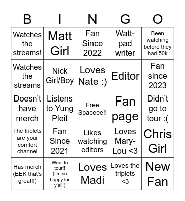 The Sturniolo Triplets Fan Bingo Card