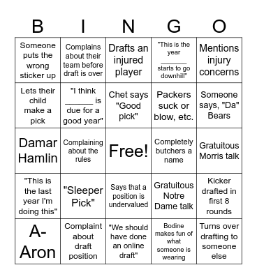 Fantasy Football Draft Cliches Bingo Card