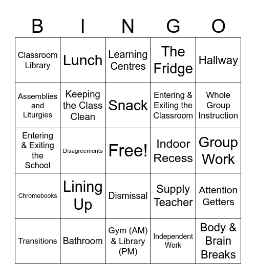 Miss Hodgins’ Rules & Routines Bingo Card