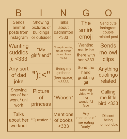 Girlfriend bingo <333 Bingo Card