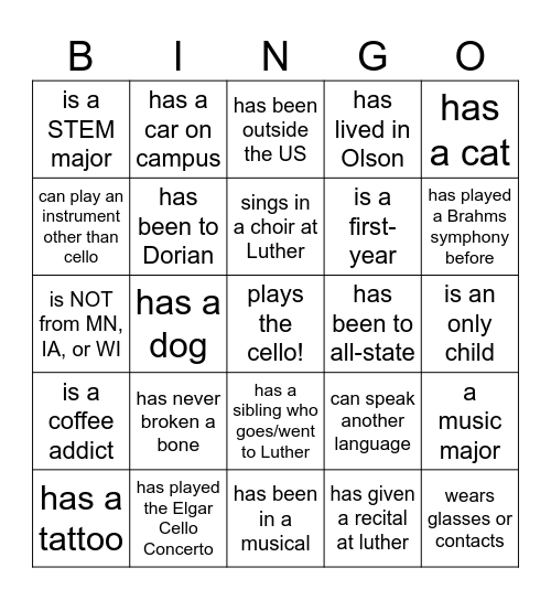 Cello Seminar 23-24 Bingo Card