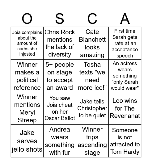 2016 Oscar Pajama Party Bingo  Bingo Card