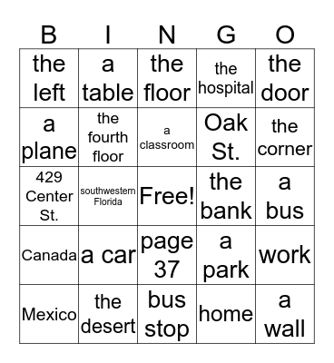 Preposition Bingo Card