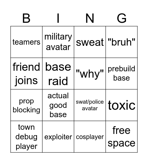 Bingo (town edition) Bingo Card
